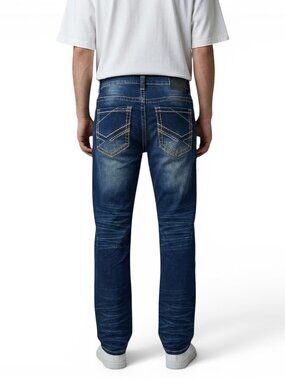 True Luck Men's Bootcut Jeans Size 34x32 Embroidered Stitched Medium Wash BKE
